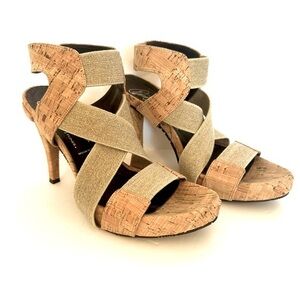 Donald J. Pliner Tan High-Heeled Cork Sandals with Elastic Straps Size 7.5